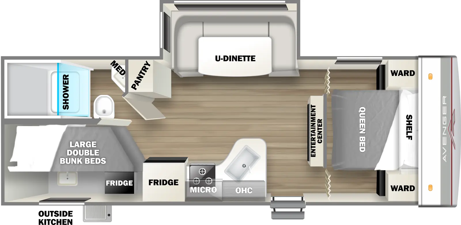 The 24BHSLE has one slideout and one entry. Exterior features an outside kitchen. Interior layout front to back: foot facing queen bed with shelf above and wardrobes on each side; entertainment center on inner wall with doors to bedroom on each side; off-door side slideout with u-dinette; door side entry, peninsula kitchen counter with sink, overhead cabinet, microwave, cooktop and refrigerator; pantry along inner wall on off-door side; rear door side double bunk beds; rear off-door side full bathroom with medicine cabinet.
